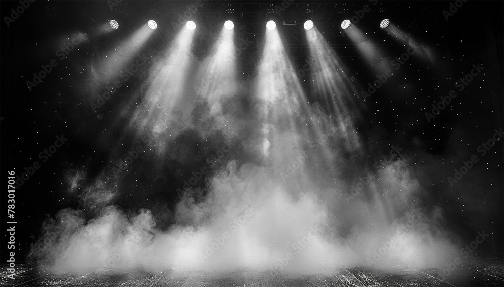 Stage light and smoke on stage with spotlights black and white. Stage lights. spotlights and white laser holograms spins, turns and emits light bright beams. Lighting equipment 