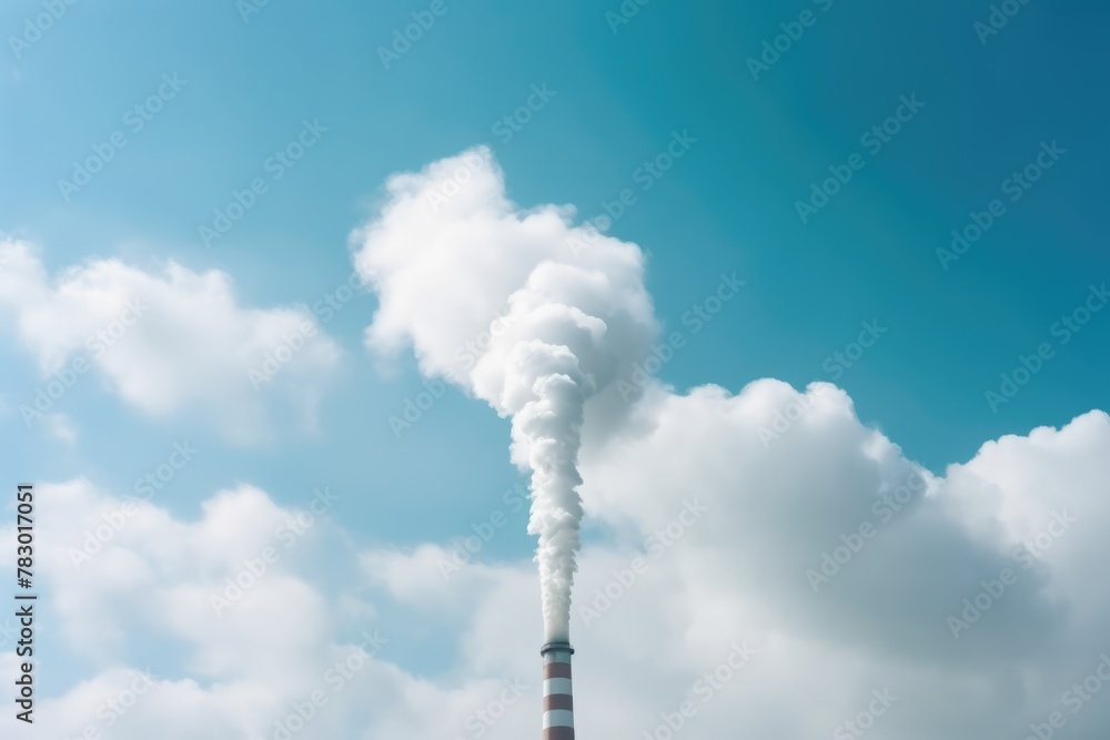 A smokestack releases emissions into the blue sky, industrial impact on air quality. Industrial Emissions from a Power Plant A smokestack releases emissions into the blue sky, industrial impact on air quality. Industrial Emissions from a Power Plant