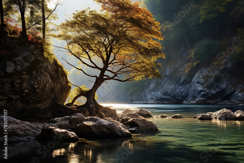 Dawn landscape with tree over river stream