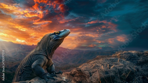 A Komodo dragon standing in a field with a spectacular sky in the background photo