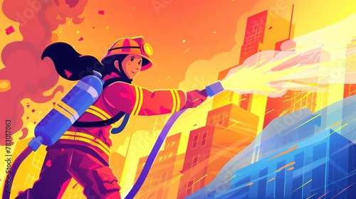 An illustration of a female firefighter putting out fire with a hose in front of a burning skyscraper. © Mark