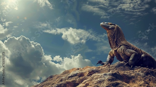 A Komodo dragon standing in a field with a spectacular sky in the background