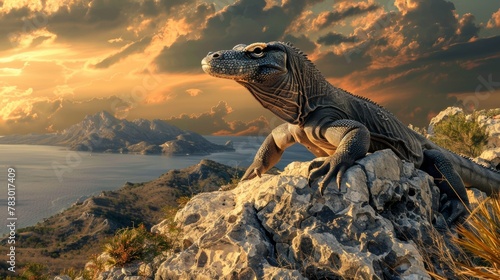 A Komodo dragon standing in a field with a spectacular sky in the background