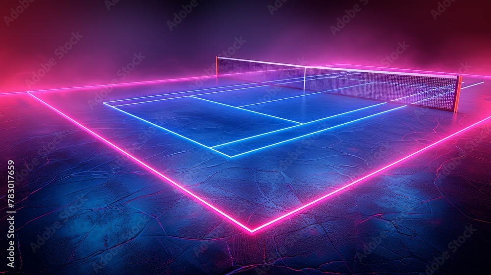 Glowing neon tennis field: A 3D vector illustration of a tennis court with neon lights Glowing neon tennis field: A 3D vector illustration of a tennis court with neon lights