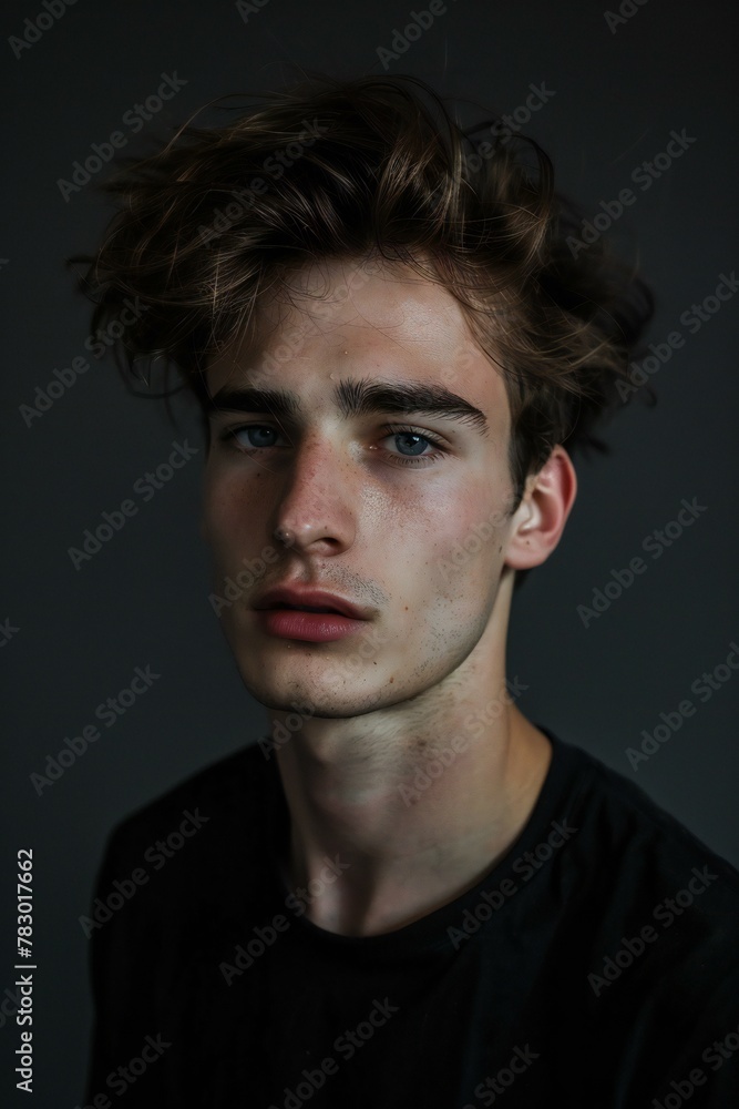Portrait of a young man in a black T-shirt on a dark background