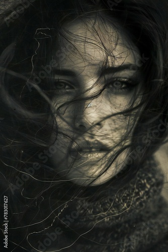 Portrait of a beautiful woman with long hair in the wind