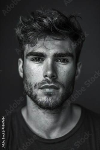 Portrait of a handsome young man with a beard,  Black and white photo