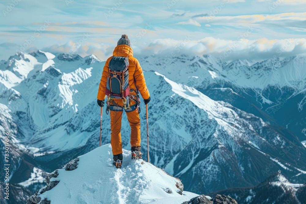 A man in orange is standing on a snow covered mountain peak