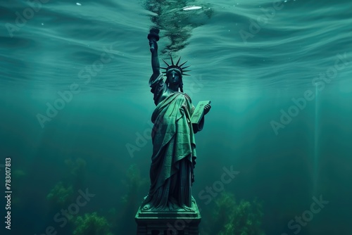 An evocative portrayal of the Statue of Liberty submerged underwater, symbolizing the threat of rising sea levels. Statue of Liberty Submerged in Water Climate Change Concept © Anatolii