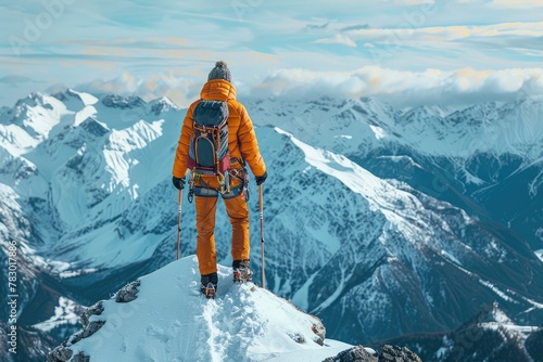 A man in orange is standing on a snow covered mountain peak