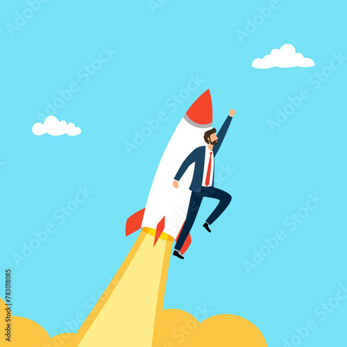 Businessman with launching rocket. Man flying by rocket to the success.