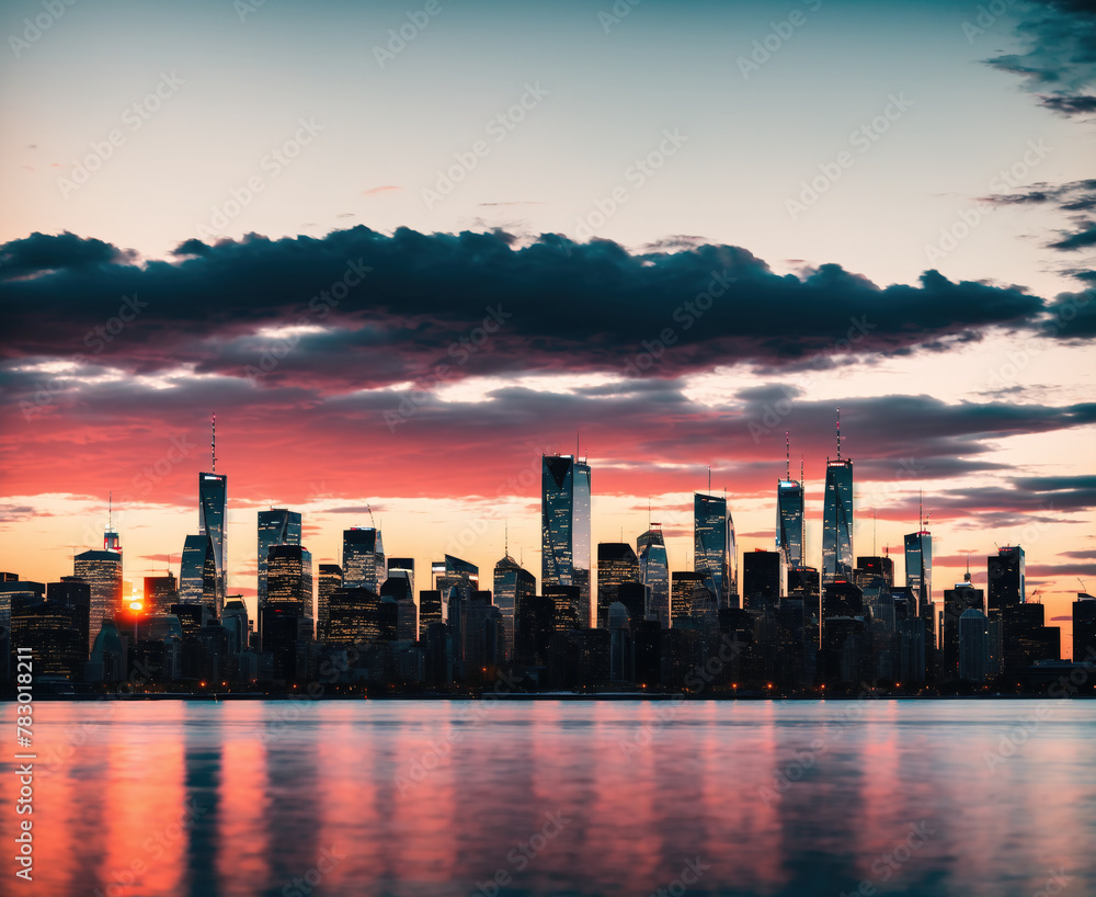 Obraz premium A city skyline at sunset with a body of water in the foreground.