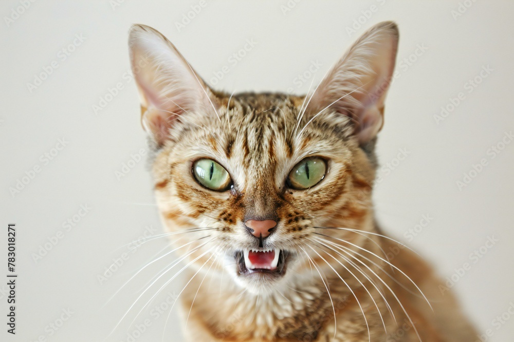 Funny cat with green eyes on white background,  Close up