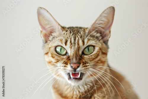 Funny cat with green eyes on white background, Close up