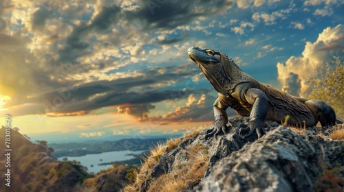 A Komodo dragon sitting on a rock looking at the distance