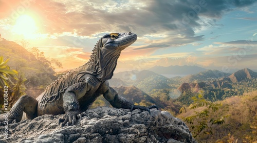 A Komodo dragon sitting on a rock looking at the distance © DS Showcase