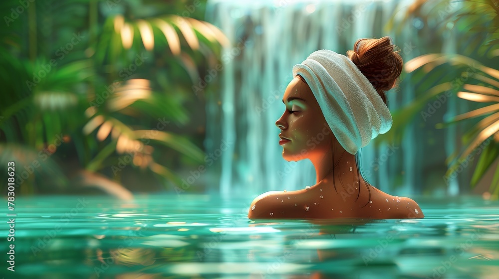 Spa Relaxation: A 3D vector illustration of a girl with a towel on her face Spa Relaxation: A 3D vector illustration of a girl with a towel on her face