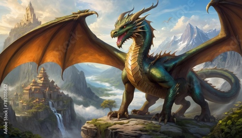 A majestic green dragon perches on a cliff overlooking mystical temples and towering mountains, its scales shimmering in the light.. AI Generation © Anastasiia