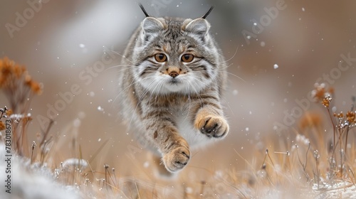 Pallas Cat Leaping Gracefully through Tall Grass, Ready to Ambush Unsuspecting Rodent.