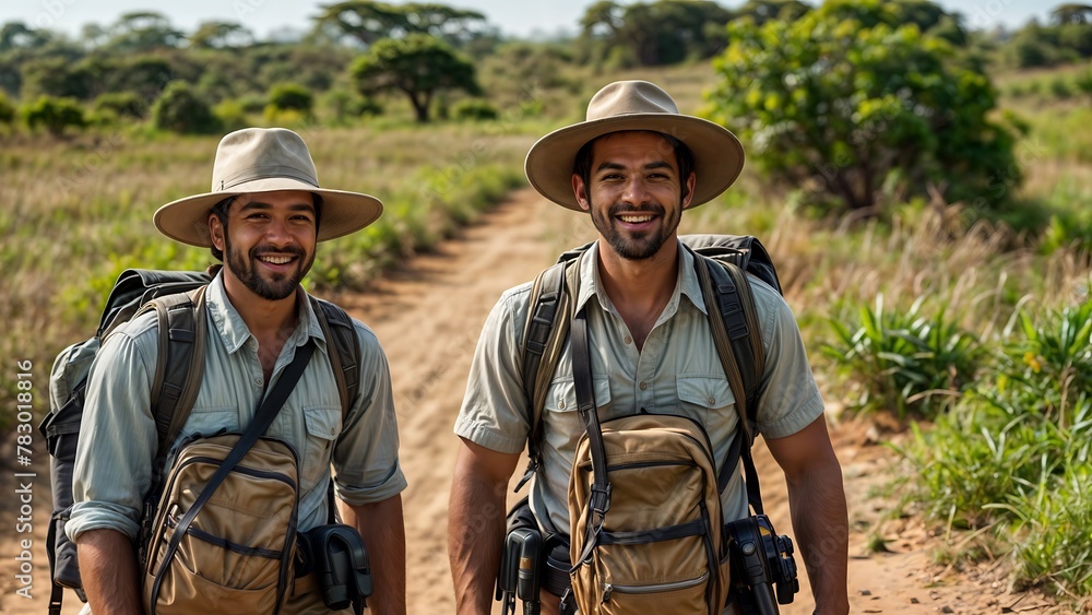 two boys hiking in the nature with a camera two boys hiking in the nature with a camera