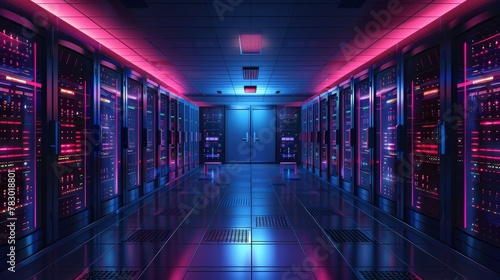 Telecommunications: A 3D vector illustration of a network server room with racks of servers