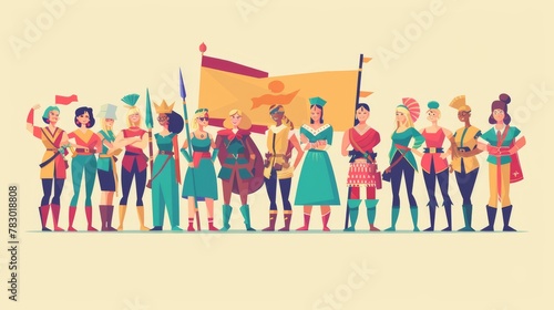 Women in different professions standing under the banner of woman power in a flat illustration