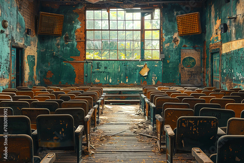 A shabby and abandoned school classroom. The topic is the crisis of school education in poor countries. photo