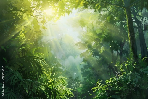 Tropical forest with sunbeams and lens flare effect, nature background