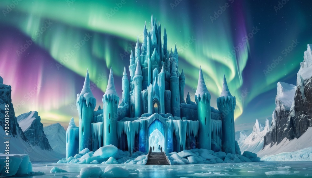 An ethereal ice palace stands under the aurora borealis, with a wintery landscape offering a stunning visual feast of arctic beauty.. AI Generation
