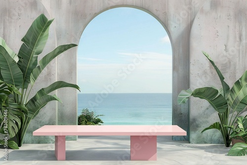  rendering of a pink table and tropical plants on the beach