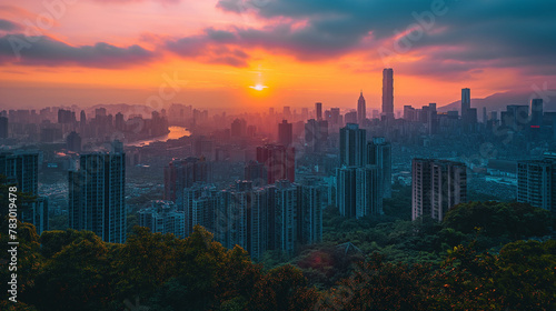 a landscape photography of a sustainable modern city during a sunset.