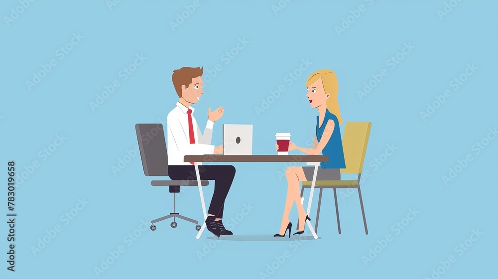 Businessman and woman taking a break in the office. Flat illustration of man sitting at a desk with laptop and talking to woman colleague holding coffee cup.