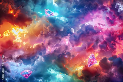 Abstract colorful background with clouds and stars, render illustration
