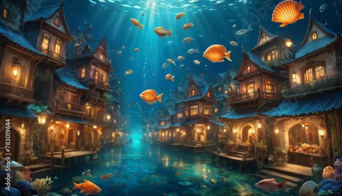 An imaginative depiction of an underwater town with buildings of old-world charm  surrounded by floating fish and a calming blue ambiance.. AI Generation