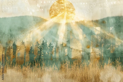 Sunset over the forest   Watercolor painting   Digital illustration