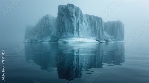 Icebergs floating in a sea full of fog.