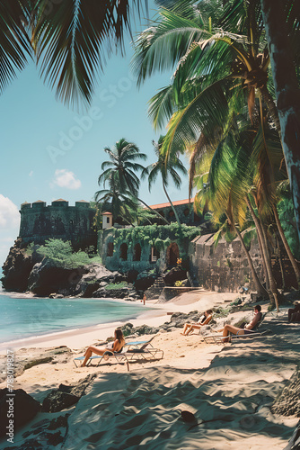 a group of people are sitting on a beach under palm trees