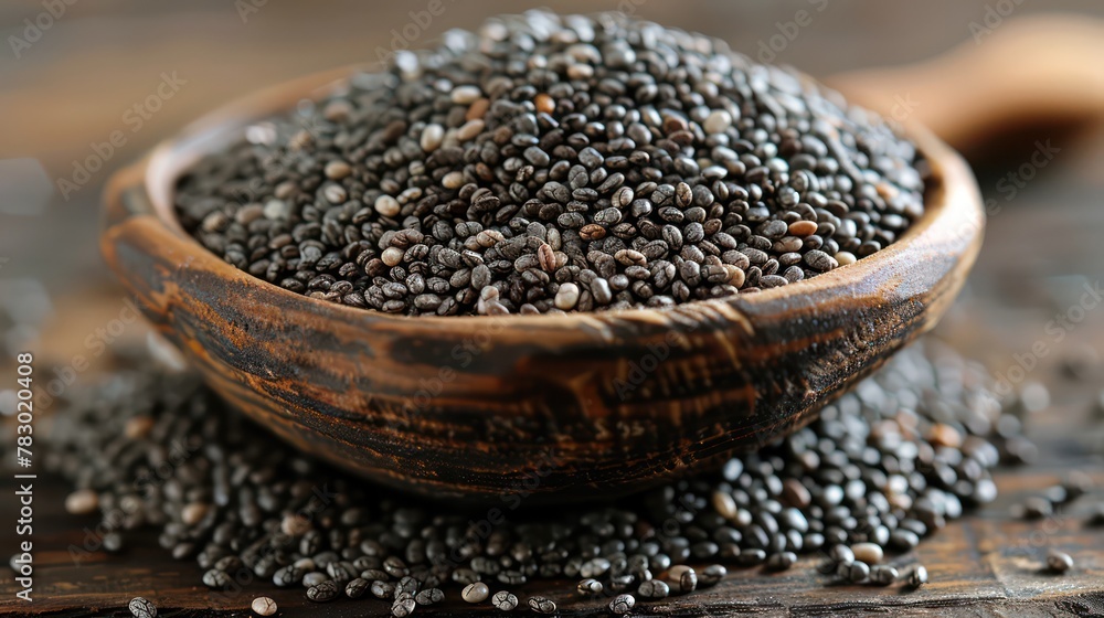 Chia seeds in wooden bowl on table, veggie superfood on blurred rustic background. Generative AI Chia seeds in wooden bowl on table, veggie superfood on blurred rustic background. Generative AI
