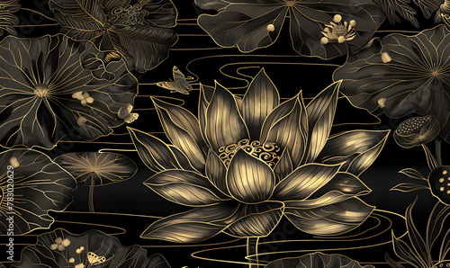 Black and gold color scheme  pond scene  lotus flower as focus  Butterfly in background  Generative AI 