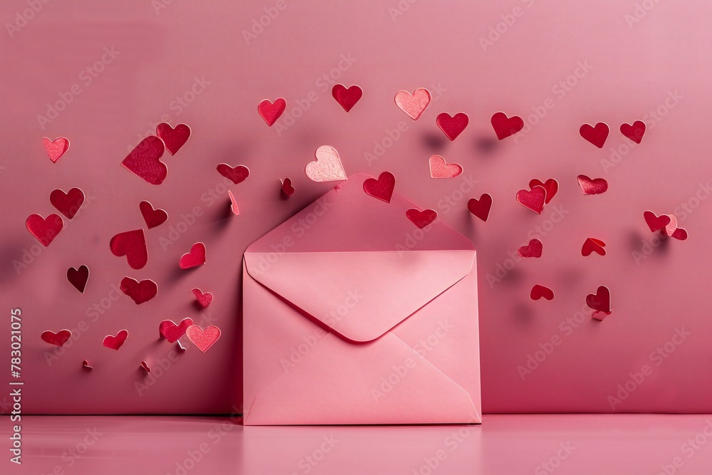 Valentine's day concept with pink envelope and hearts on pink background