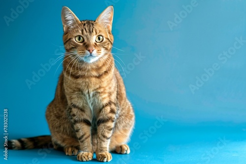Beautiful bengal cat sitting on blue background with copy space