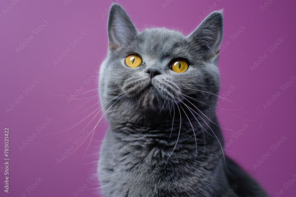 Portrait of a gray british cat with yellow eyes on a pink background