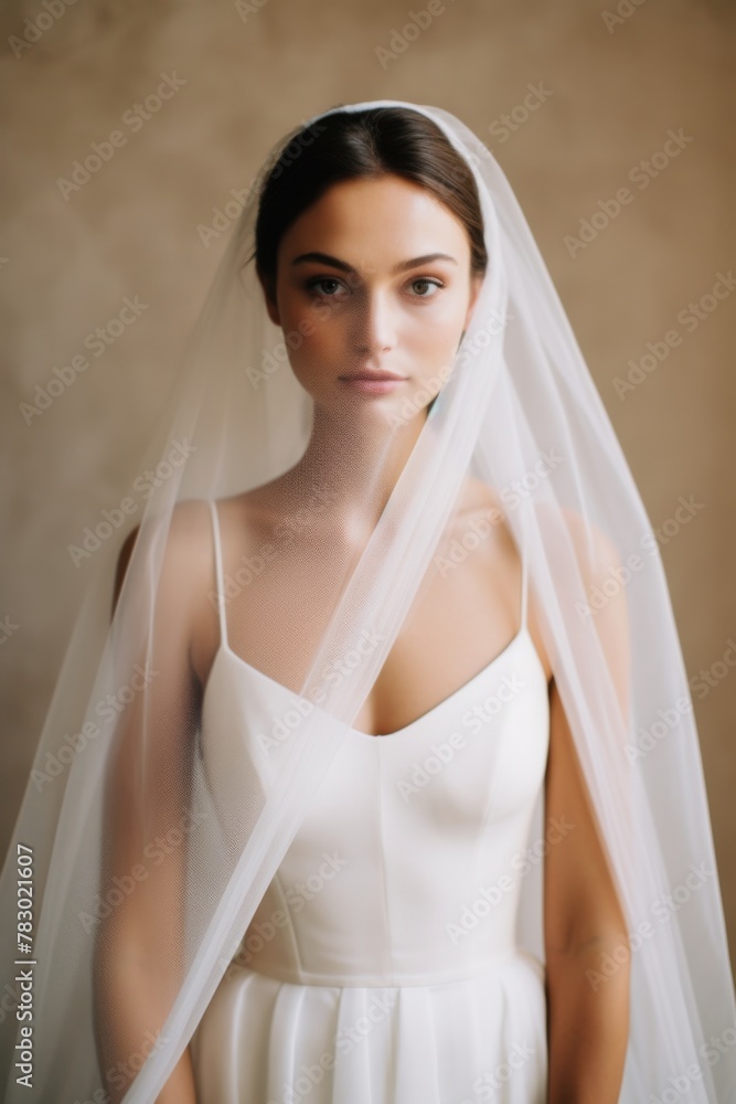 a beautiful bride wearing a white minimalistic wedding dress and two-layer veil a beautiful bride wearing a white minimalistic wedding dress and two-layer veil