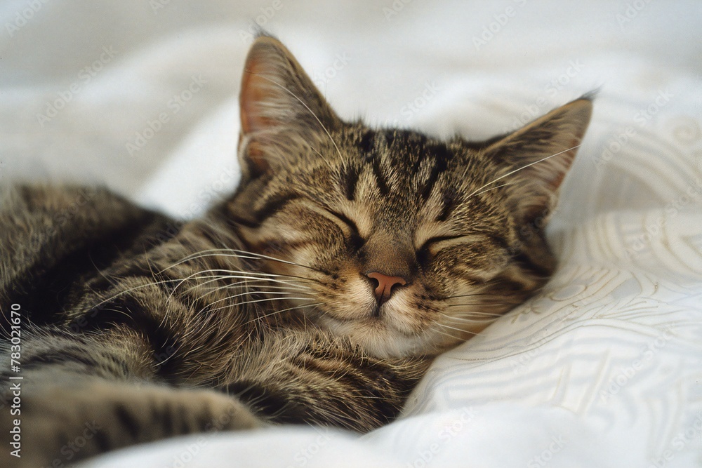 Cute tabby cat sleeping on white bedding with copy space