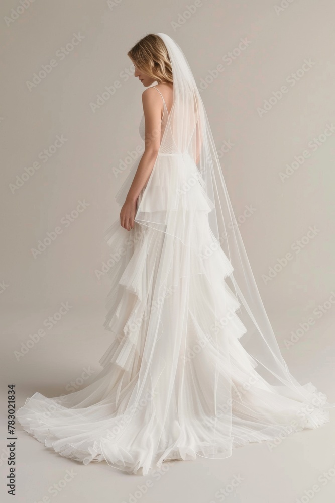 Elegant bride showcases flowing wedding dress with layered skirt and long veil against neutral backdrop in a serene and modern setting Elegant bride showcases flowing wedding dress with layered skirt and long veil against neutral backdrop in a serene and modern setting