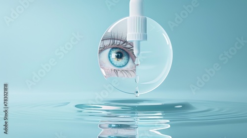 This eye drop ad template shows a 3D illustration of an eye drop bottle falling away from a round glass disc in the water. Suitable for products that moisturize and restore brightness to the eyes. photo