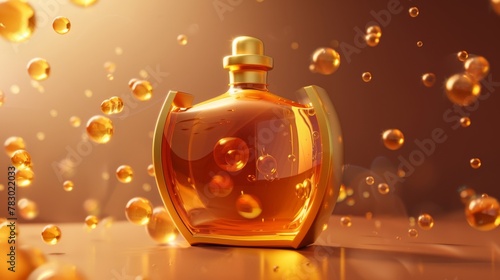 A 3D illustration of a bottle of chicken essence. The bottle is enclosed in a thick golden shield and its benefits are illustrated on floating bubbles.
