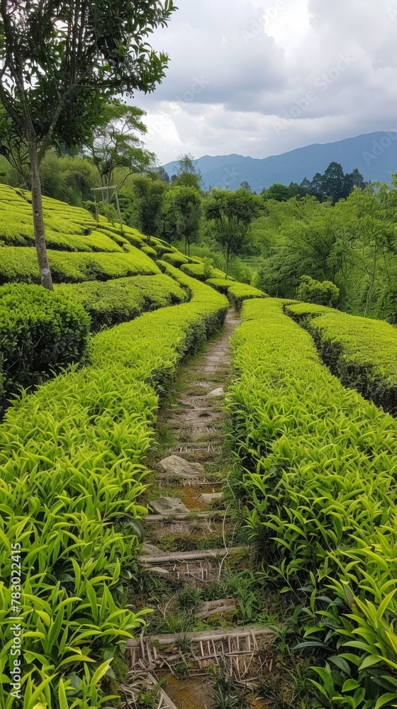 Naklejka premium A green tea garden,There is a path in the tea garden