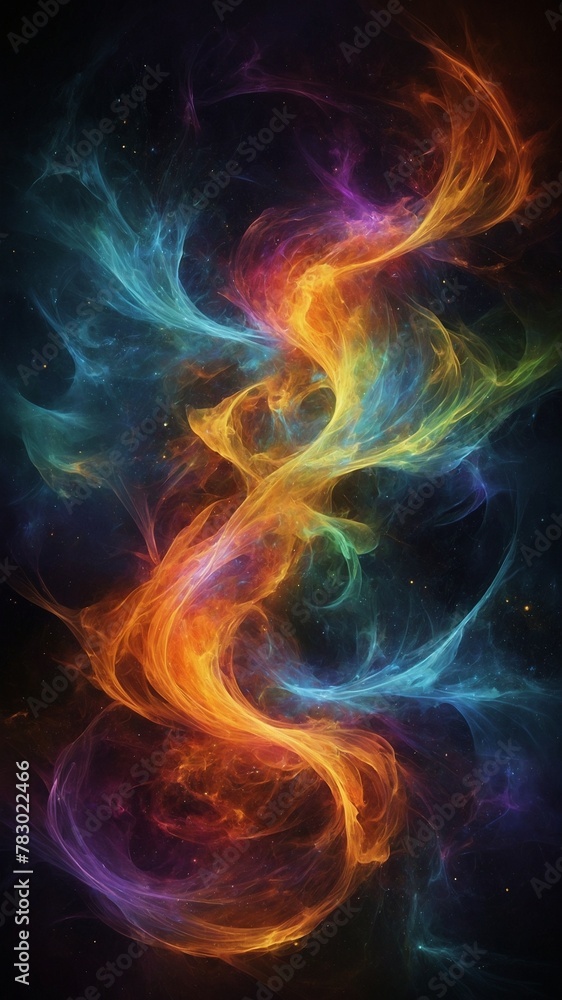 Fototapeta premium Vibrant, dynamic swirl of colors resembling cosmic phenomenon dominates image, with hues of blue, purple, orange, yellow intertwining in dance of light.