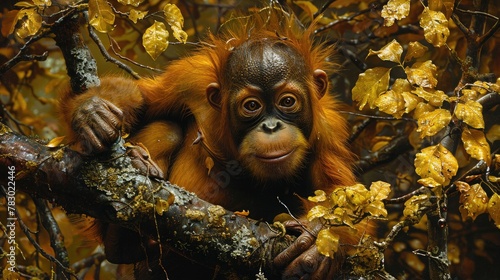 Orangutan Frolicking Among Tree Branches, Embracing the Joy of Play.